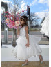 Beaded White 3D Flowers Tulle Tiered Flower Girl Dress